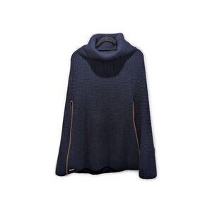 LAUREN RALPH LAUREN Waffle Knit Cowl Neck Poncho Sweater Navy Blue Wool Blend